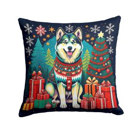 Alaskan Malamute Christmas Throw Pillow Machine Washable, Indoor Outdoor Decorative Pillow for Couch, Bed or Patio, 14Hx14W