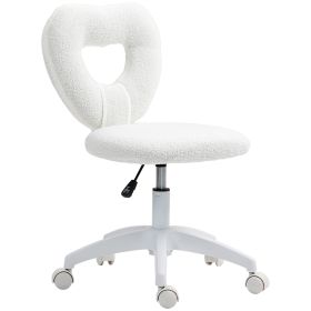 Armless Computer Desk Chair, Office Task Chair, Teddy Fleece Heart Makeup Vanity Chair With Swivel Wheels, White (Color: White)