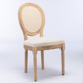 A&A French Style Solid Wood Antique Linen & Rattan Back Dining Chair (Color: Beige)
