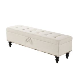 59 Bed Bench Ottoman With Storage Beige Fabric (Color: Beige)