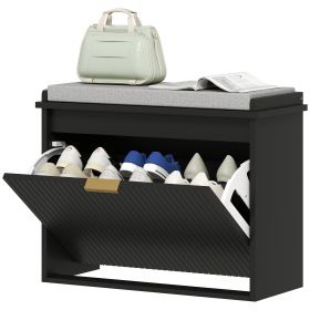 Shoe Storage Bench With Padded Seat Cushion And Flip-Drawer, Entryway Bench, Shoe Cabinet, 24.4x10.2x18.7 Inches, Black (Color: Black)
