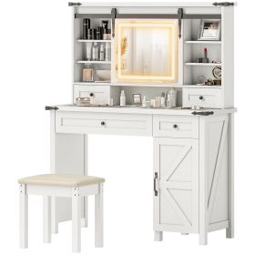 Vanity Desk Set With Mirror And Lights, Cushioned Stool, Storage Drawer, Cabinet, Shelves For Bedroom, White (Color: White)
