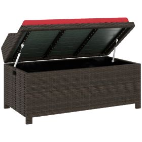 Outdoor Wicker Storage Bench With Storage & Cushion, Red (Color: Red)