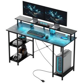 Computer Desk With Storage, 55 Reversible Computer Table With Power Outlets And LED Lights, Distressed Black (Option: Distressed Black)