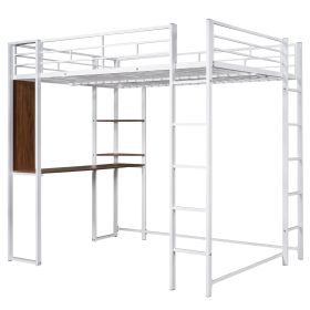 Full Size Metal Loft Bed With Desk, 2 Shelves, White - LP000191AAK (Color: White)