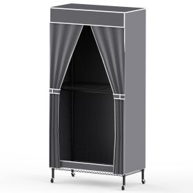 1Pc 2 Tier Clothing Rack With Cover Portable Wardrobe Closet Covered Garment Rack With 4 Wheels 2 Hanging Rods 2 Hook Racks 35.43x17.13x72.44in (Color: Grey)