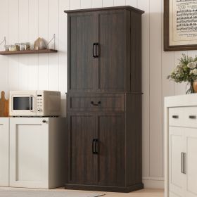 71 LED Kitchen Pantry Cabinet, Farmhouse Storage Cabinet With Door Shelves, Distressed Brown (Color: Brown)