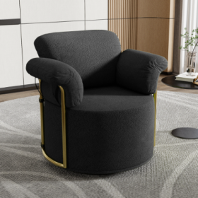 360 Degree Barrel Swivel Accent Sofa Chair,Fluffy Fabric Lounge Wide Upholstered Reading Chair With Gold Metal Legs, Comfortable Round Armchair F (Color: Black)