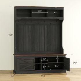 3-in-1 Hall Tree With Shoe Storage, Coat Rack With Bench, Entryway Furniture With Hooks, Black Wood Grain (Color: Black)