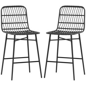 Rattan Counter Bar Stools Set Of 2, 26 Counter Height Barstools With Back, Bar Chairs For Kitchen Island, Black (Color: Black)
