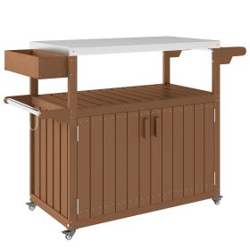 Outdoor Bar Cart With Storage, Stainless Steel Outdoor Bar Table Top, Wheeled HDPE Kitchen Island For Food Prep, Brown (Color: Brown)