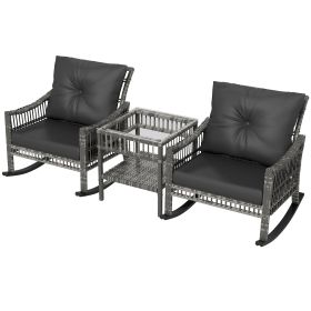 3 Piece Outdoor PE Rattan Rocker Chair Set, Rocking Chair With Tempered Glass Table Top, Gray (Option: Gray)