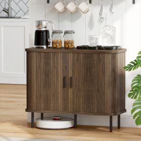 35.4 Sideboard Buffet Cabinet With Storage, Nordic Coffee Bar Cabinet With Slatted Tambour Doors And Metal Legs, Walnut (Option: Walnut)