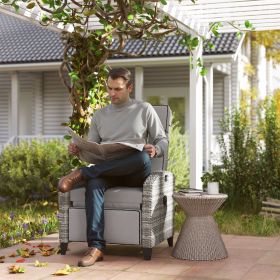 Outdoor Recliner Chair With Cushions, Reclining Patio Lounge Chair With Adjustable Footrest, Armrests, Tray Table, Gray (Option: Gray)