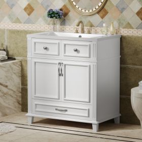 30'' Bathroom Vanity With Resin Sink, Solid Wood Frame Bathroom Storage Cabinet With Soft Closing Doors, Retro Style, White (Color: White)