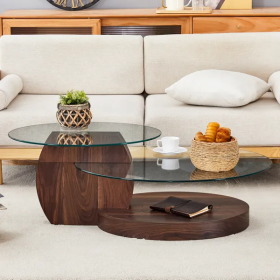 Modern Walnut Grain Double Layer Coffee Table - Versatile Design, Multiple Colors Available.Density Board Sticker,Reinforced Glass,Oval Counterto (Color: Brown)