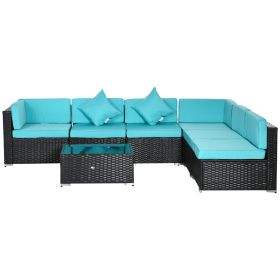 7-Piece Wicker Patio Conversation Set With Cushions & Glass Table, Turquoise (Option: Turquoise)