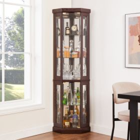 Corner Glass Cabinet Lighted Curio Cabinet Corner Display Case For Living Room, Curio Cabinet, Antique Collection, Wine,Bar Glass Storage Light I (Option: Cherry)