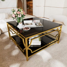 Square Glass Coffee Table In 33.5 ,Luxurious Geometric Metal Frame,Gold Finish  Lower Shelf (Color: Black)