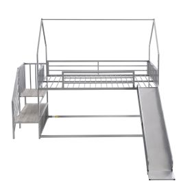 Twin Over Twin Metal Bunk Bed House Bed With Slide And Staircase, Silver (Color: Silver)