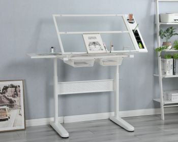 Hand Crank Adjustable Drafting Table Drawing Desk With 2 Metal Drawers  WhiteWITH STOOL (Color: White)