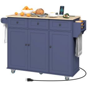 Kitchen Island On Wheels With Drop Leaf, Charging Station, Rolling Kitchen Cart With Wood Top, Adjustable Shelf, Blue (Color: Blue)
