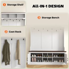 3-in-1 Hall Tree With Shoe Storage, Coat Rack With Bench, Entryway Furniture With Hooks, White Wood Grain (Color: White)
