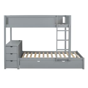 Twin-Over-Twin Bunk Bed With Twin Size Trundle, Storage And Desk, Gray (Option: Gray)