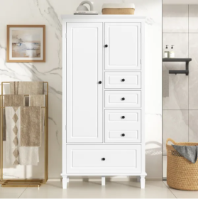 Tall And Wide Storage Cabinet With Doors For Bathroom Office Living Room Indoor, Four Drawers Of Different Sizes, Adjustable Shelves, White (Option: As picture)