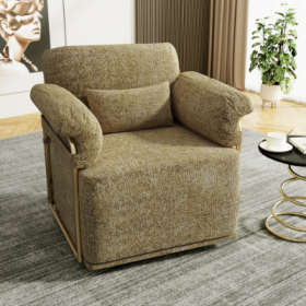 360 Degree Square Swivel Accent Sofa Chair,Fluffy Fabric Lounge Wide Upholstered Reading Chair With Gold Metal Legs, Comfortable Armchair For Liv (Color: Brown)