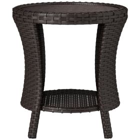 18 Wicker Outdoor Coffee Table, PE Rattan Patio Side Table With 2-Tier Storage, Composite Wood Top, Mixed Brown (Option: Mixed Brown)