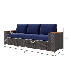 3-Seat Outdoor Patio Sofa With Cushions, PE Rattan Wicker Sofa With Wide Armrests, Outdoor Wicker Couch, Navy Blue (Color: Navy Blue)