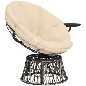 360 Swivel Outdoor Papasan Chair, 39 Overstuffed Circle Chair With Side Tray, Thick Cushion For Indoor Patio, Beige (Color: Beige)