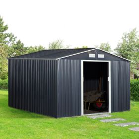 11' X 9' Metal Storage Shed, Garden Tool House With Double Sliding Doors, 4 Air Vents For Backyard, Patio & Lawn, Dark Gray (Color: Black)