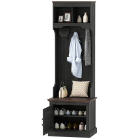 3-in-1 Hall Tree With Shoe Storage, Coat Rack With Bench, Entryway Furniture With Five Hooks, Black Wood Grain (Color: Black)