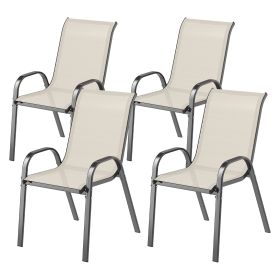 Set Of 4 Outdoor Dining Chairs, Stackable Patio Chairs With High Back, Breathable Mesh Seat For Garden Lawn, Beige (Color: Beige)