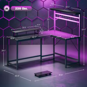 61.6 L Shaped Gaming Desk With Power Outlets & LED Lights, Computer Desk With Monitor Stand And CPU Shelf, Black (Color: Black)