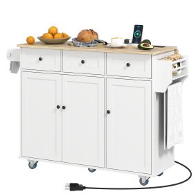 Kitchen Island On Wheels With Drop Leaf, Charging Station, Rolling Kitchen Cart With Wood Top, Adjustable Shelf, White (Color: White)