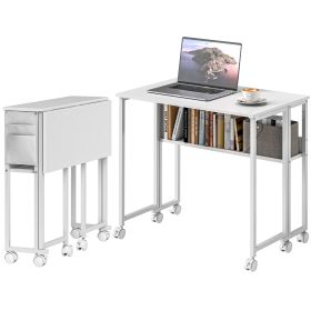 Folding Computer Desk, Foldable Desk With Storage Bag, Shelf And Wheels For Small Spaces, Home Office, White (Color: White)