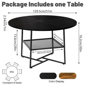 51  Round Dining Table For 4-6  Tiger Stripes-Black Wooden Dining Room Table With Storage Shelf Space Saving Circle Dinner Table With Metal Legs (Option: W13732794)