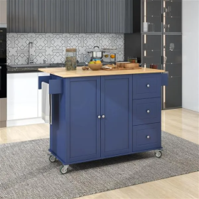 Rolling Mobile Kitchen Island With Drop Leaf - Solid Wood Top, Locking Wheels & Storage Cabinet 52.7 Inch Width (Color: Dark Blue)