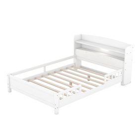 Wood Full Size Platform Bed With LED, Storage Headboard & Guardrail, White (Color: White)