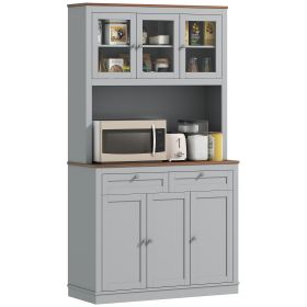 71 Kitchen Pantry Cabinet With Microwave Stand, Kitchen Hutch With 2 Drawers And Adjustable Shelves, Gray (Option: Gray)