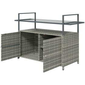2-Tier Shelf PE Rattan Outdoor Bar Table, Glass Top Outdoor Serving Cart With Cabinet, Mixed Gray (Option: Mixed Gray)