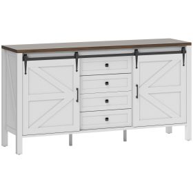 59 Buffet Cabinet, Farmhouse Sideboard With Thick Top, 2 Barn Doors, 4 Drawers And 2 Adjustable Shelves, White (Color: White)