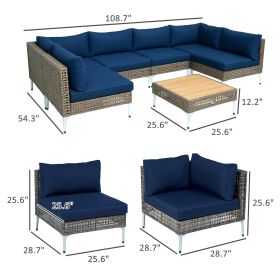 7 Piece Wicker Patio Furniture Set, Modular Outdoor Sectional With Thickened Cushions, Acacia Wood Table, Brown Blue (Color: Blue)