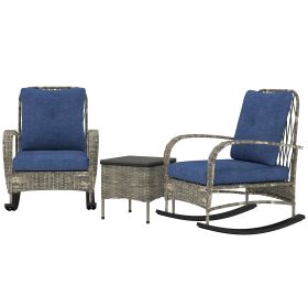 3 Piece Wicker Patio Furniture Set, Outdoor PE Rattan Rocking Chairs With Coffee Table, Cushions For Porch, Gray (Option: Gray)