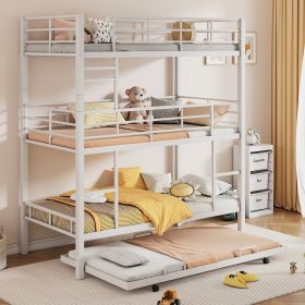 Metal Twin Size Triple Bunk Bed With Trundle, White (Option: Antique White)