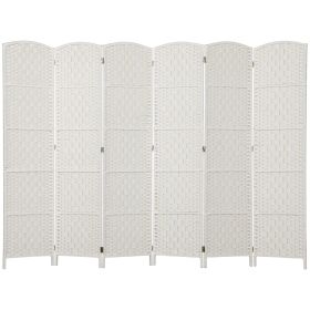 Room Divider, 6 Panel Folding Privacy Screen, 6FT Tall Portable Weave Partition Wall Divider For Bedroom, White (Color: White)