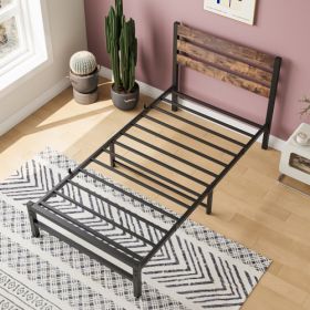 Twin Size Platform Bed Frame With Rustic Vintage Wood Headboard, Strong Metal Slats Support Mattress Foundation, No Box Spring Needed Rustic Brow (Color: Black)